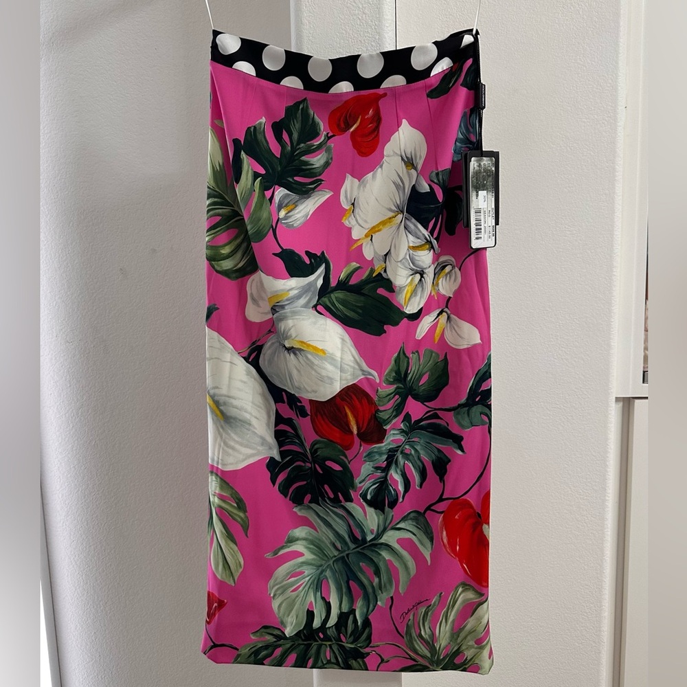 Dolce & Gabbana leaf-print silk-blend pencil skirt - PINK NWT